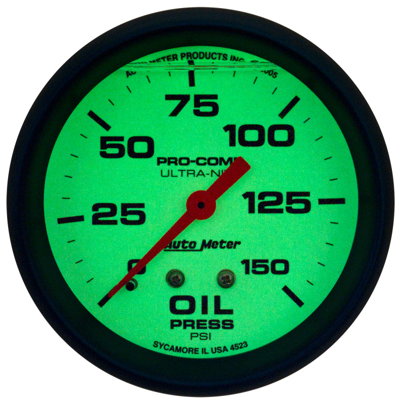 AutoMeter, Autometer Ultra-Nite 2-5/8in 0-150 PSI Liquid Filled Mechanical Glow In Dark Oil Pressure Gauge Universal | 4223